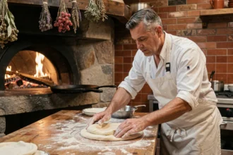 Pizzaiolo artisan étirant une pâte à pizza à la main devant un four à bois dans une pizzeria traditionnelle en Auvergne-Rhône-Alpes