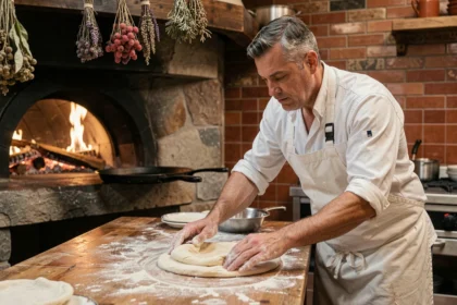 Pizzaiolo artisan étirant une pâte à pizza à la main devant un four à bois dans une pizzeria traditionnelle en Auvergne-Rhône-Alpes