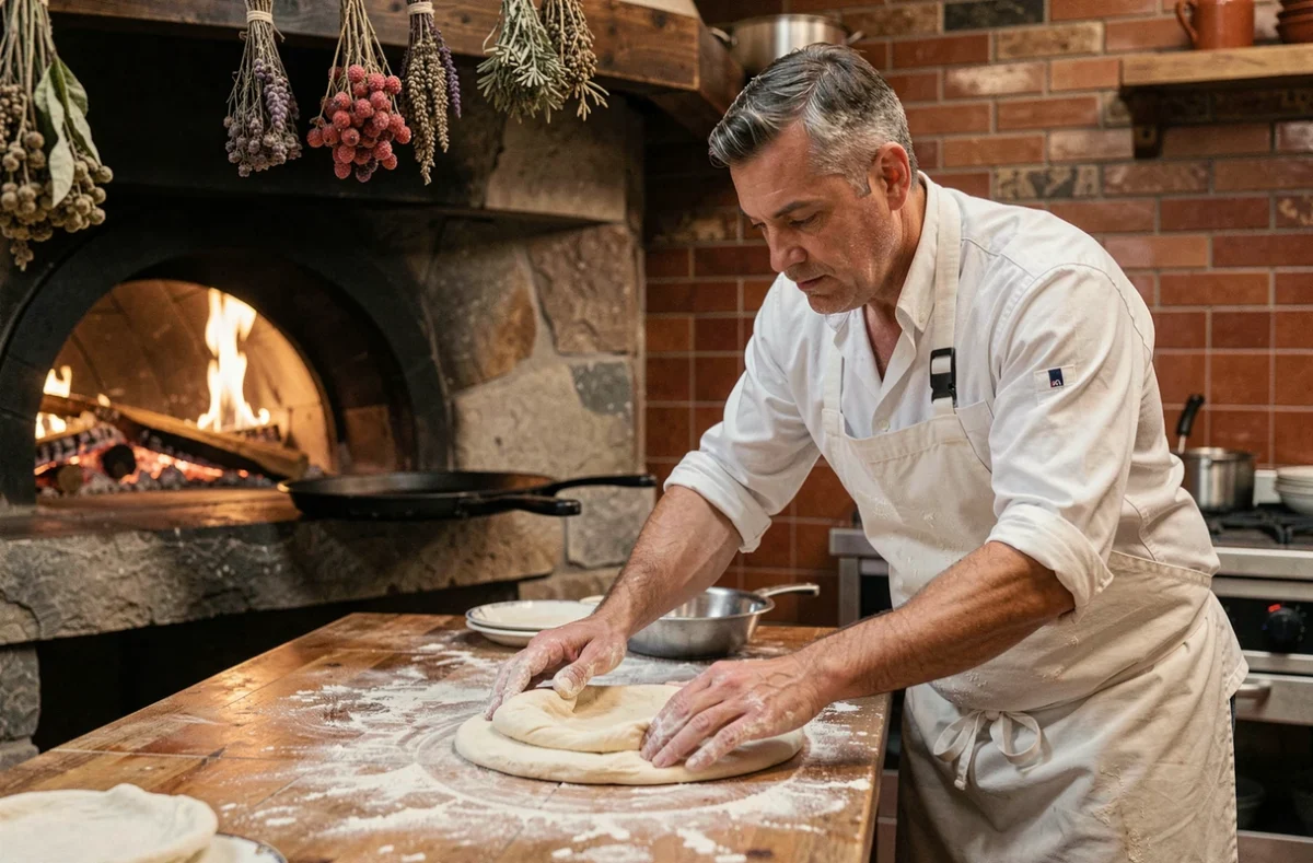 Pizzaiolo artisan étirant une pâte à pizza à la main devant un four à bois dans une pizzeria traditionnelle en Auvergne-Rhône-Alpes