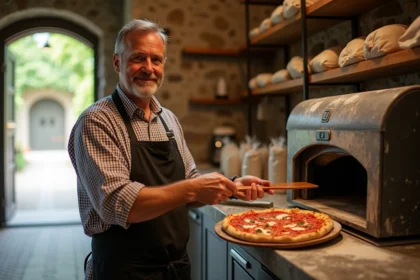Pizzaiolo homme souriant avec machine à pizza dans une boulangerie rustique