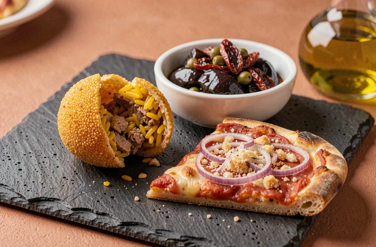 Spécialités siciliennes chez Pizzeria Dell'Etna à Nantes avec arancino, sfincione et caponata sur pierre de lave