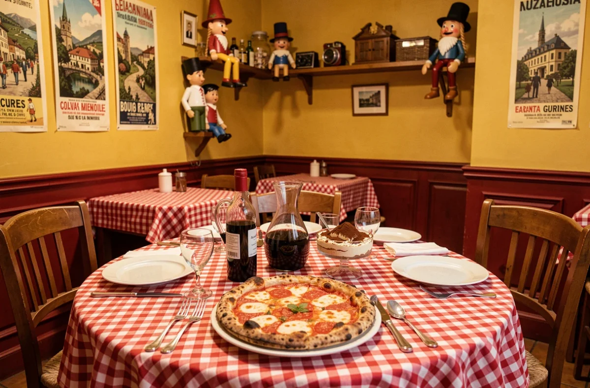 Table conviviale chez Pizzeria Le Pinocchio à Nantes avec pizza Margherita, vin maison et décor traditionnel italien