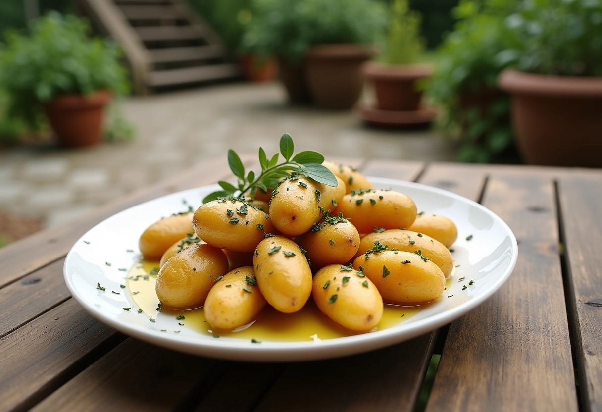Plat de pommes de terre dorées sur une table extérieure