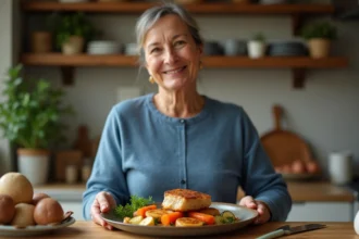 Femme en cuisine préparant une paupiette dorée avec légumes