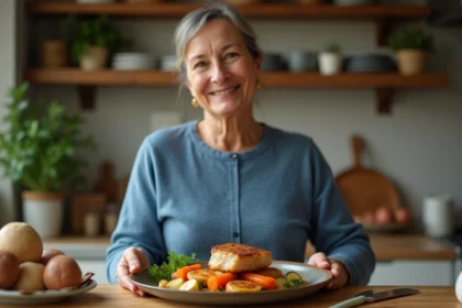 Femme en cuisine préparant une paupiette dorée avec légumes
