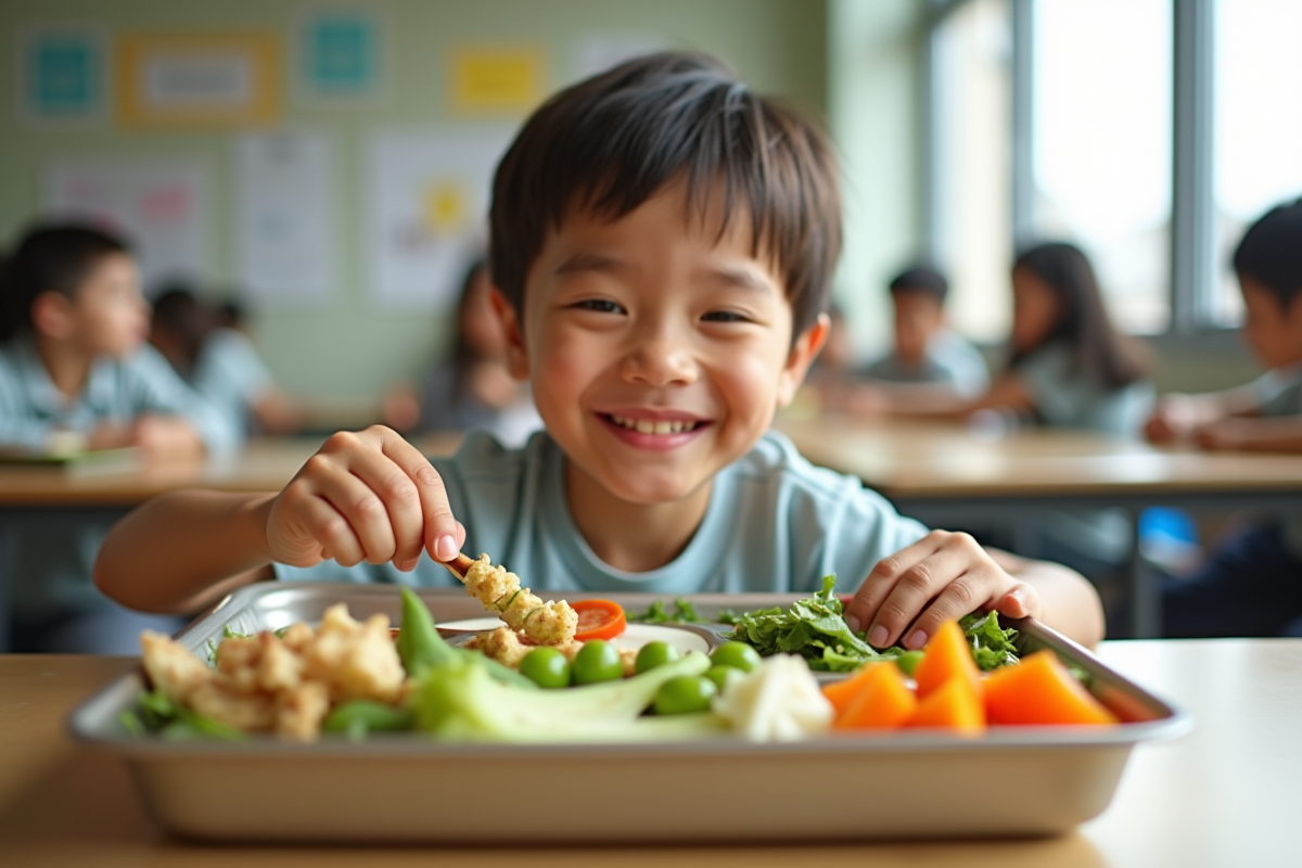 Jeune enfant souriant dégustant un légume sur un plateau de cantine