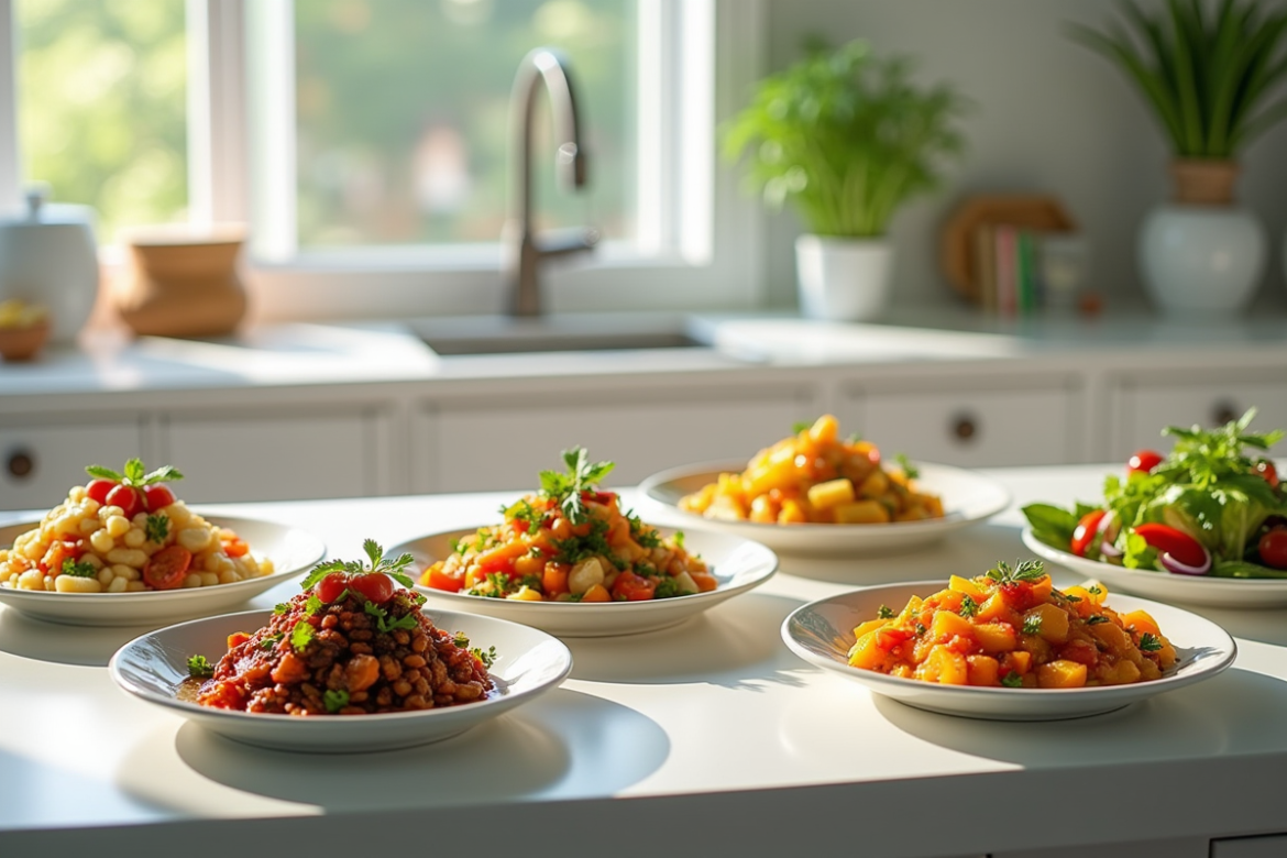 Plan de la cuisine avec plats de légumes colorés et végétaux V