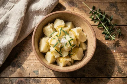 Bol de pommes de terre écrasées version légère avec huile d'olive et ciboulette fraîche sur table en bois rustique