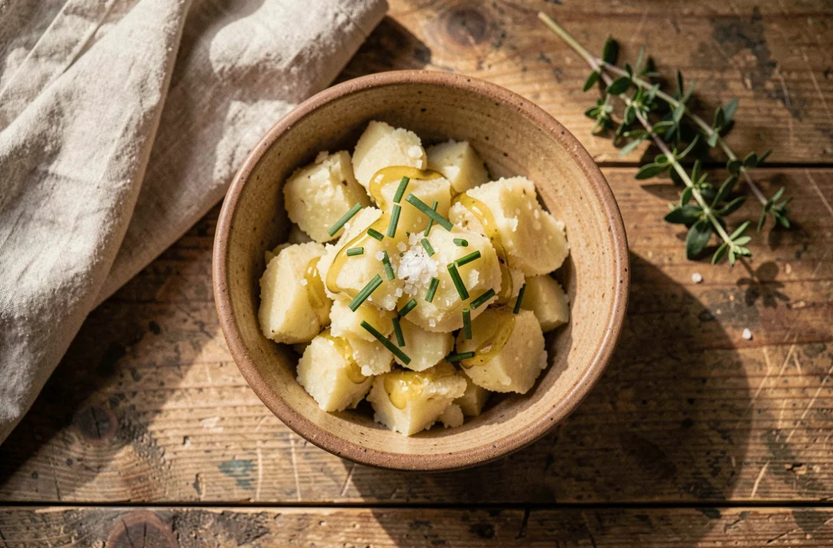 Bol de pommes de terre écrasées version légère avec huile d'olive et ciboulette fraîche sur table en bois rustique