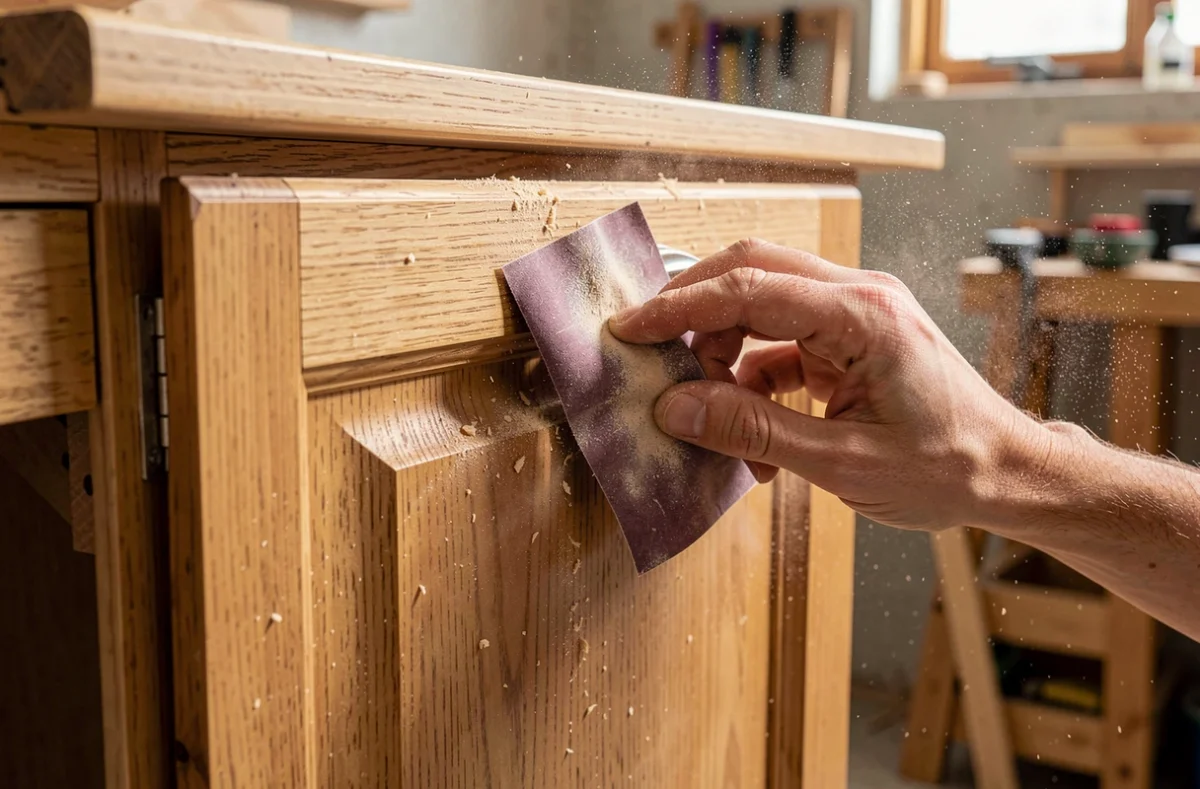 Ponçage d'une porte de cuisine en bois avant la sous-couche