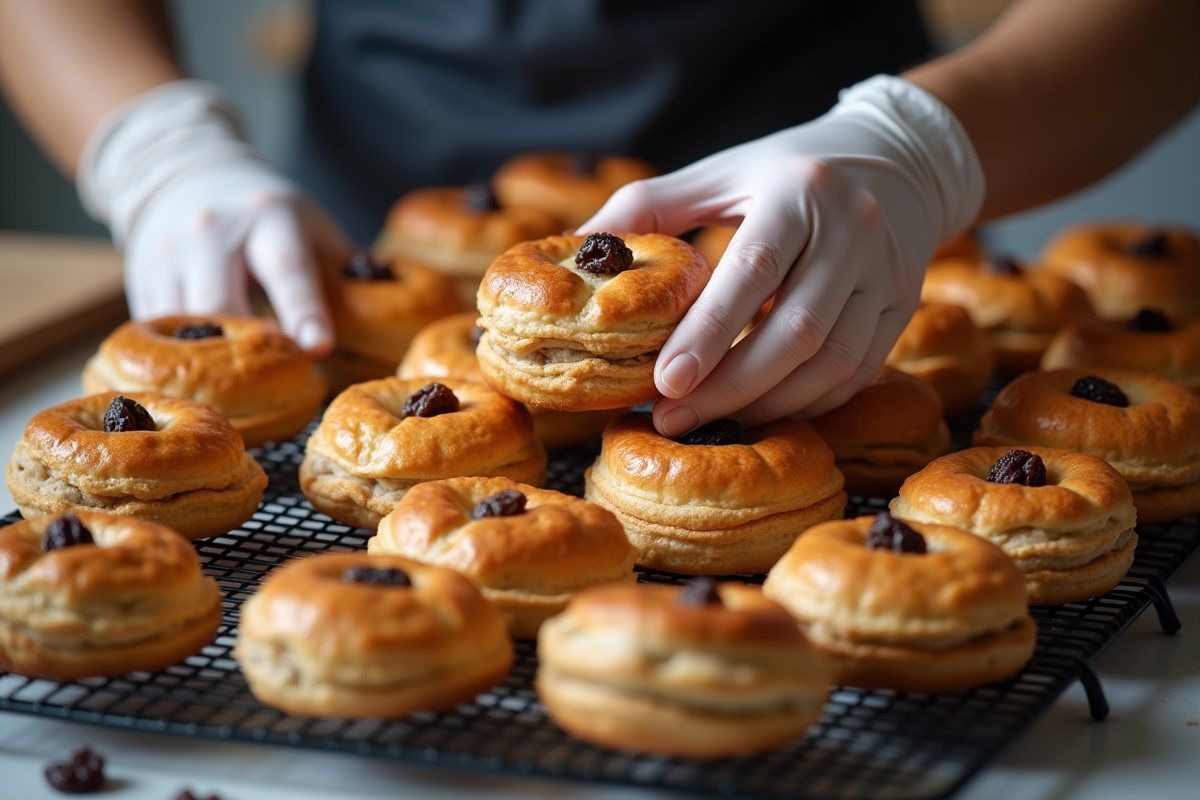 Main d’un boulanger plaçant des viennoiseries aux raisins sur un grille