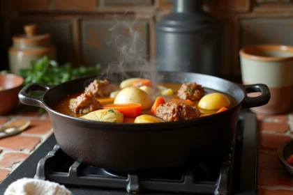 Potée traditionnelle mijotant dans une cocotte en fonte sur une cuisinière ancienne dans une cuisine de ferme française