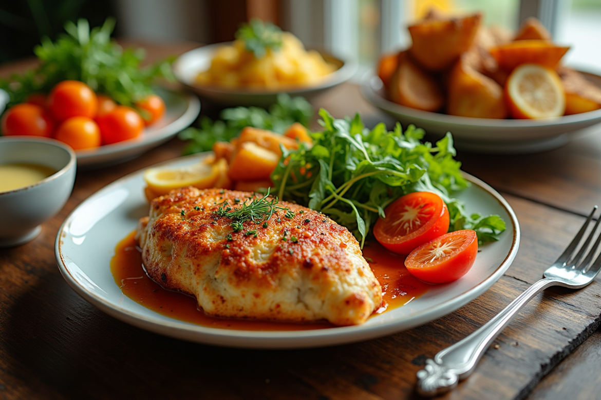Poulet Milanese avec légumes méditerranéens frais