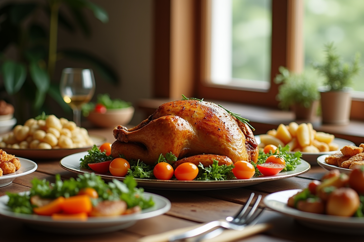 Poulet rôti rustique sur une table en bois naturelle