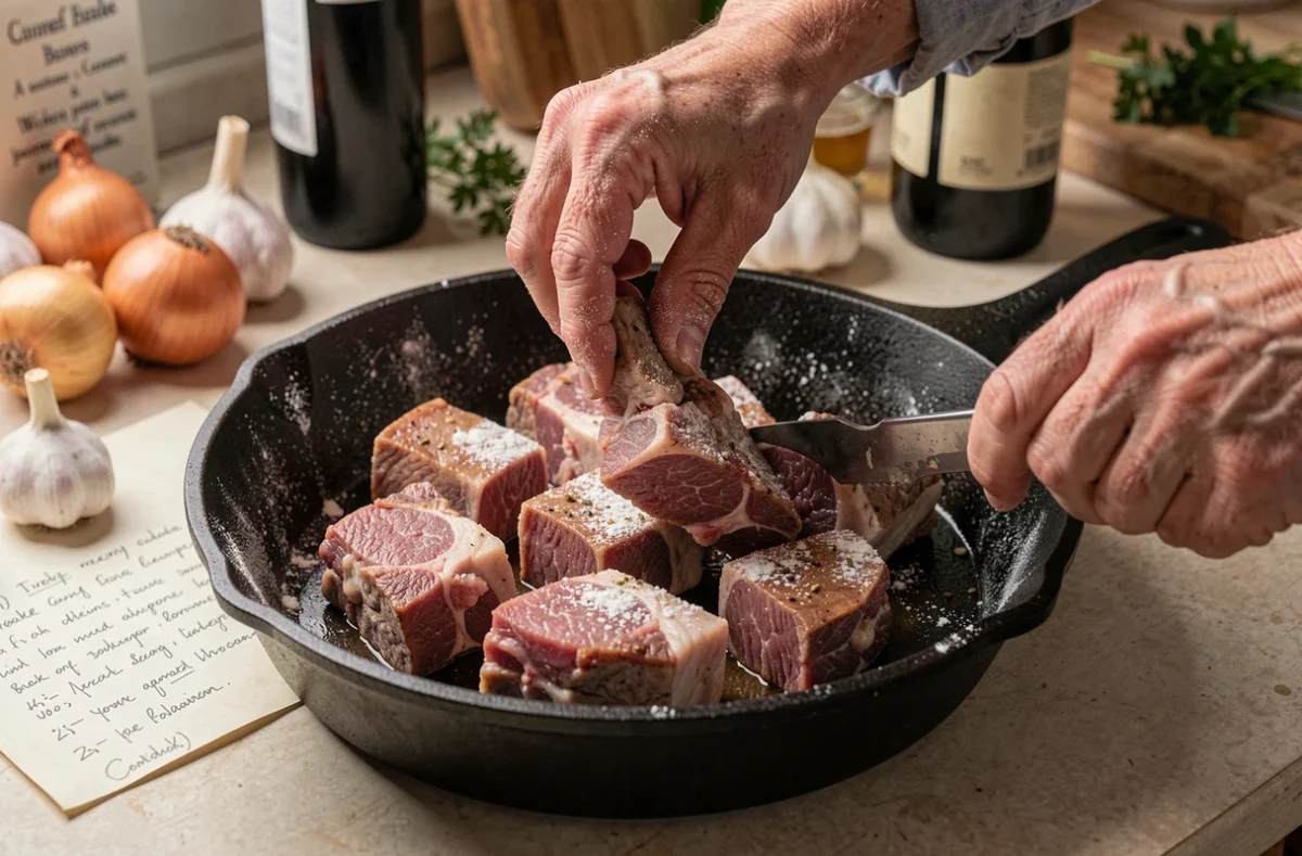 Mains de femme faisant revenir des morceaux d'agneau peu coûteux dans une poêle en fonte pour un ragoût maison