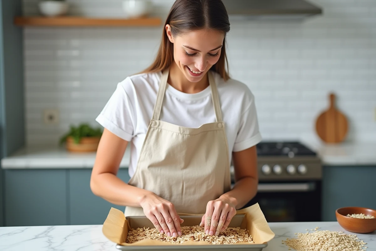 Femme préparant des barres de céréales vegan à l'avoine dans un moule rectangulaire sur un plan de travail en marbre