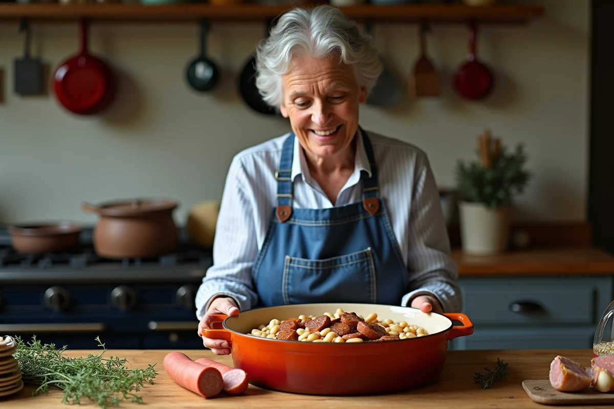 Cuisinière préparant un cassoulet maison en disposant le confit de canard et les haricots blancs dans une cassole en terre cuite