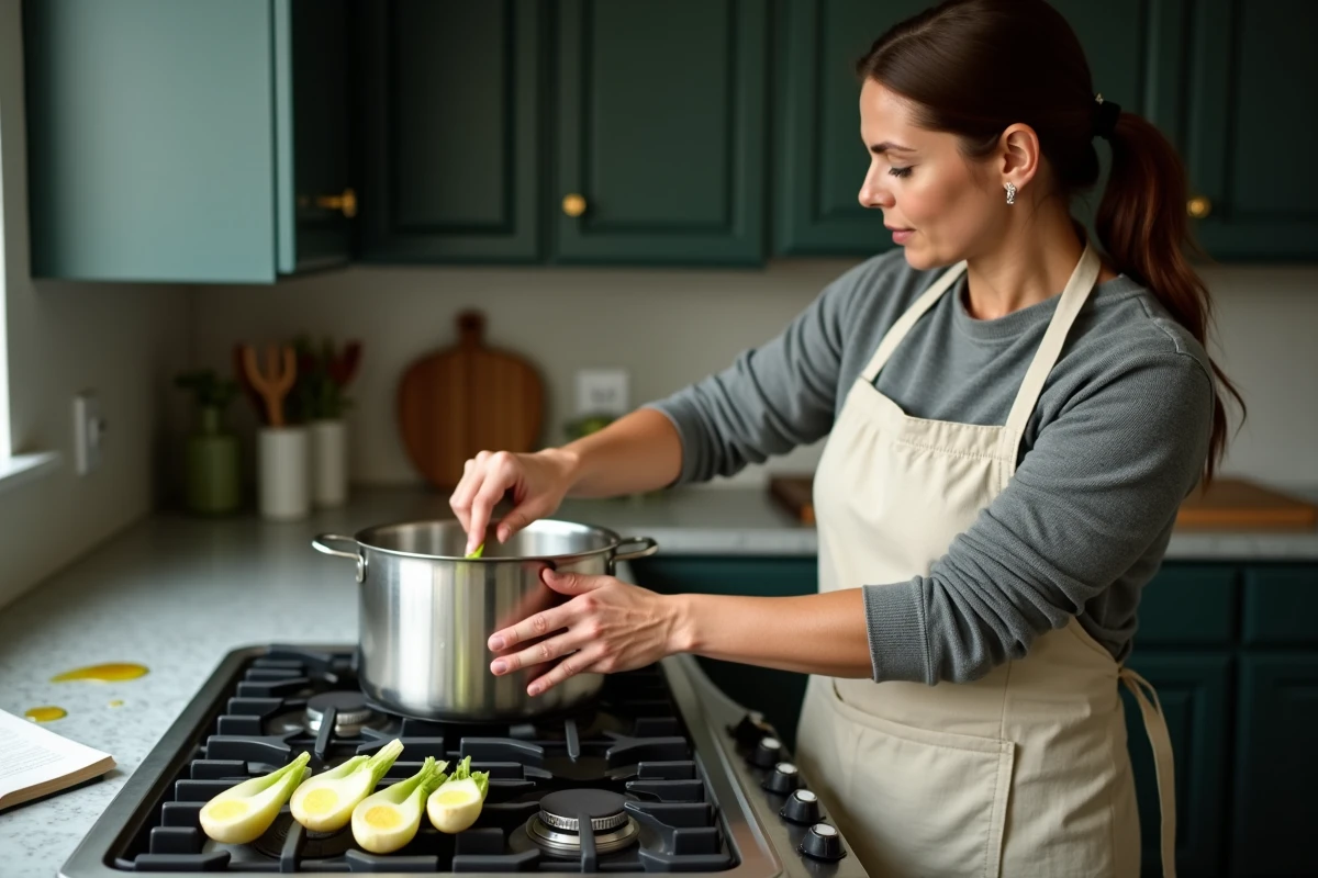 Femme préparant des endives crues pour les braiser dans une cocotte minute sur une cuisinière à gaz