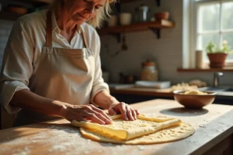 Femme préparant des feuilles de brick à la main sur un plan de travail en bois, gros plan sur la manipulation de la pâte fine et dorée