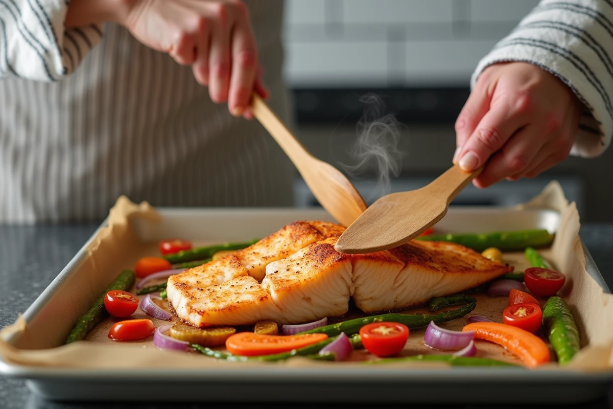 Mains de cuisinier soulevant un filet de julienne doré sur une plaque de cuisson avec légumes rôtis et vapeur visible