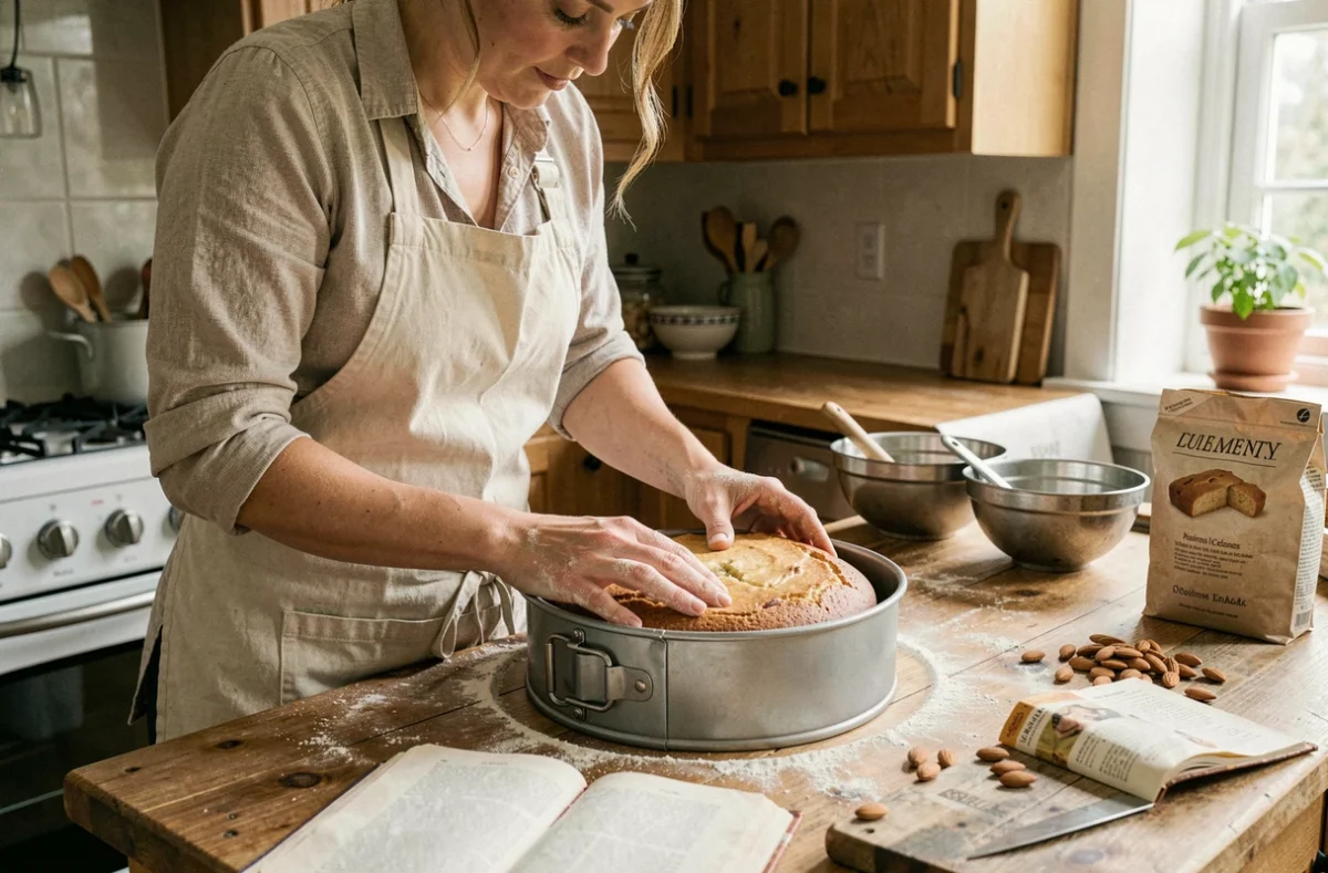 Femme en tablier démoulant un gâteau aux amandes doré dans une cuisine maison avec farine et moule à gâteau