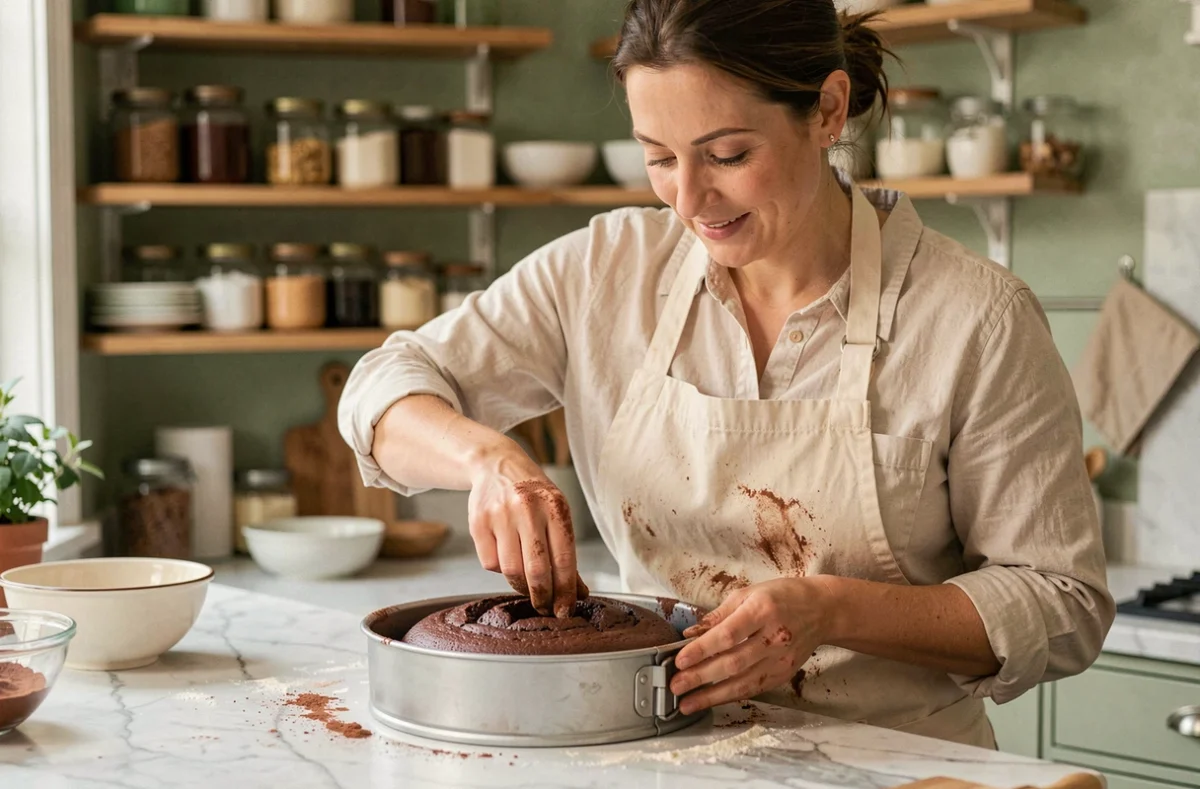 Femme préparant un gâteau au chocolat moelleux sans beurre dans une cuisine maison, démoulant le gâteau avec soin