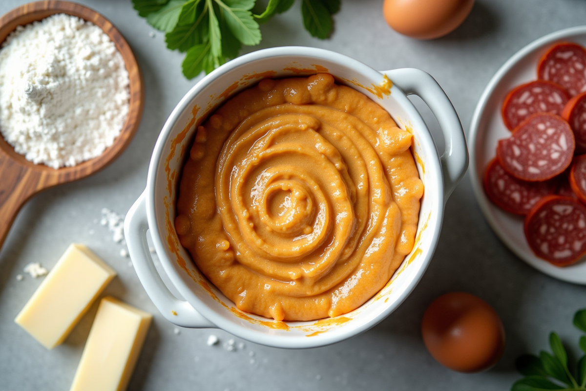 Mélange de gâteau de chorizo et chèvre dans un moule en céramique
