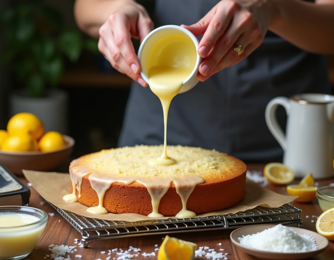 Mains d'un pâtissier versant un glaçage citron sur un gâteau à la noix de coco posé sur une grille de refroidissement dans une cuisine familiale