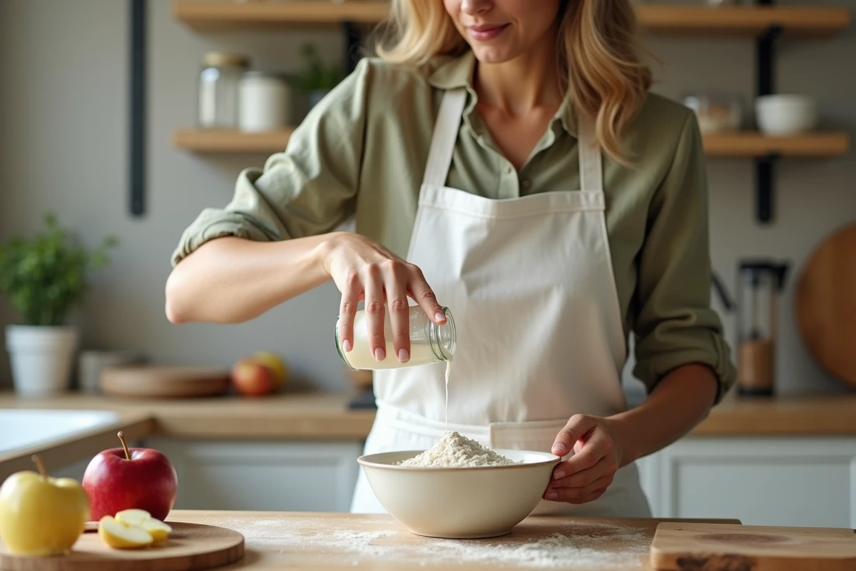 Jeune femme en tablier blanc préparant un gâteau au yaourt et aux pommes dans une cuisine chaleureuse, versant du yaourt dans un bol à mélanger avec des ingrédients disposés autour