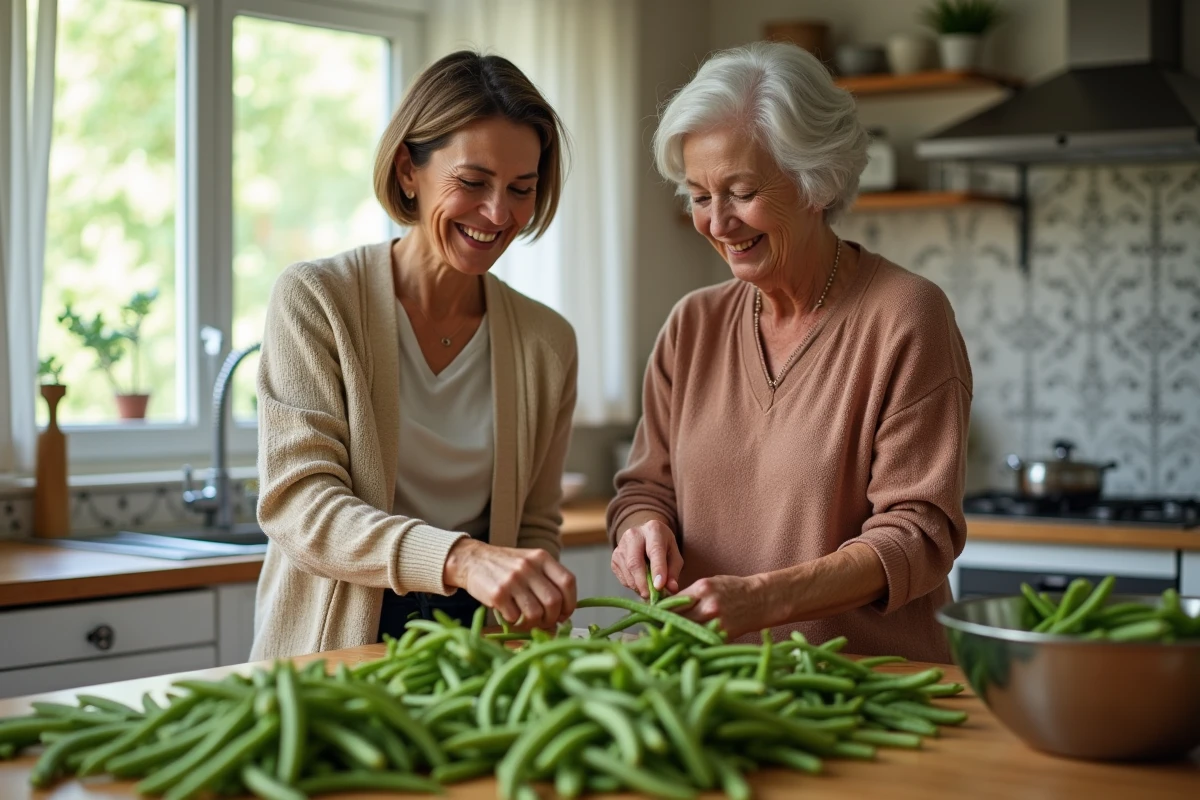 Deux femmes préparant et épluchant des haricots verts frais en grande quantité avant congélation dans une cuisine familiale