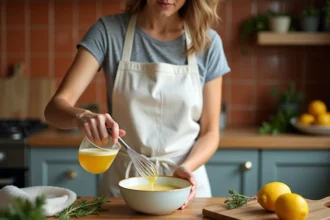 Femme préparant une mayonnaise maison en fouettant l'émulsion dans un bol en céramique sur un plan de travail en bois