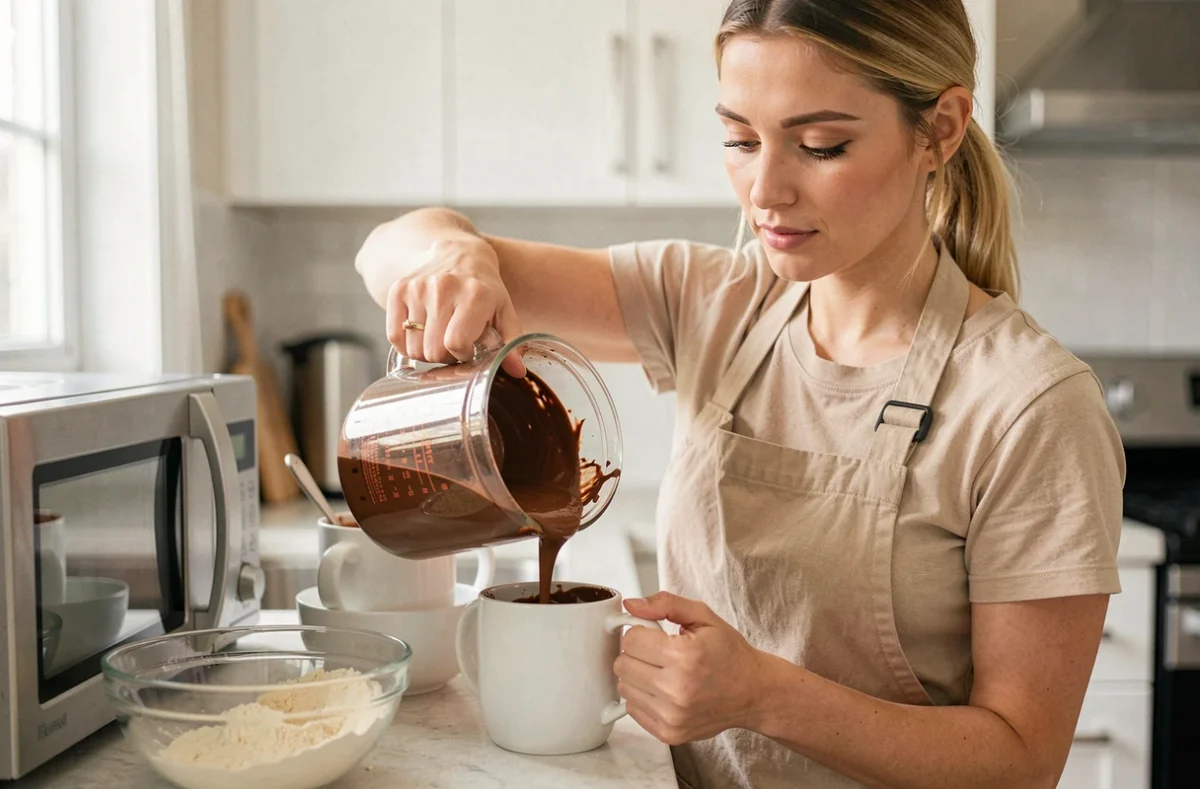 Femme versant la pâte de mugcake sans gluten dans une tasse, préparation rapide dans une cuisine moderne