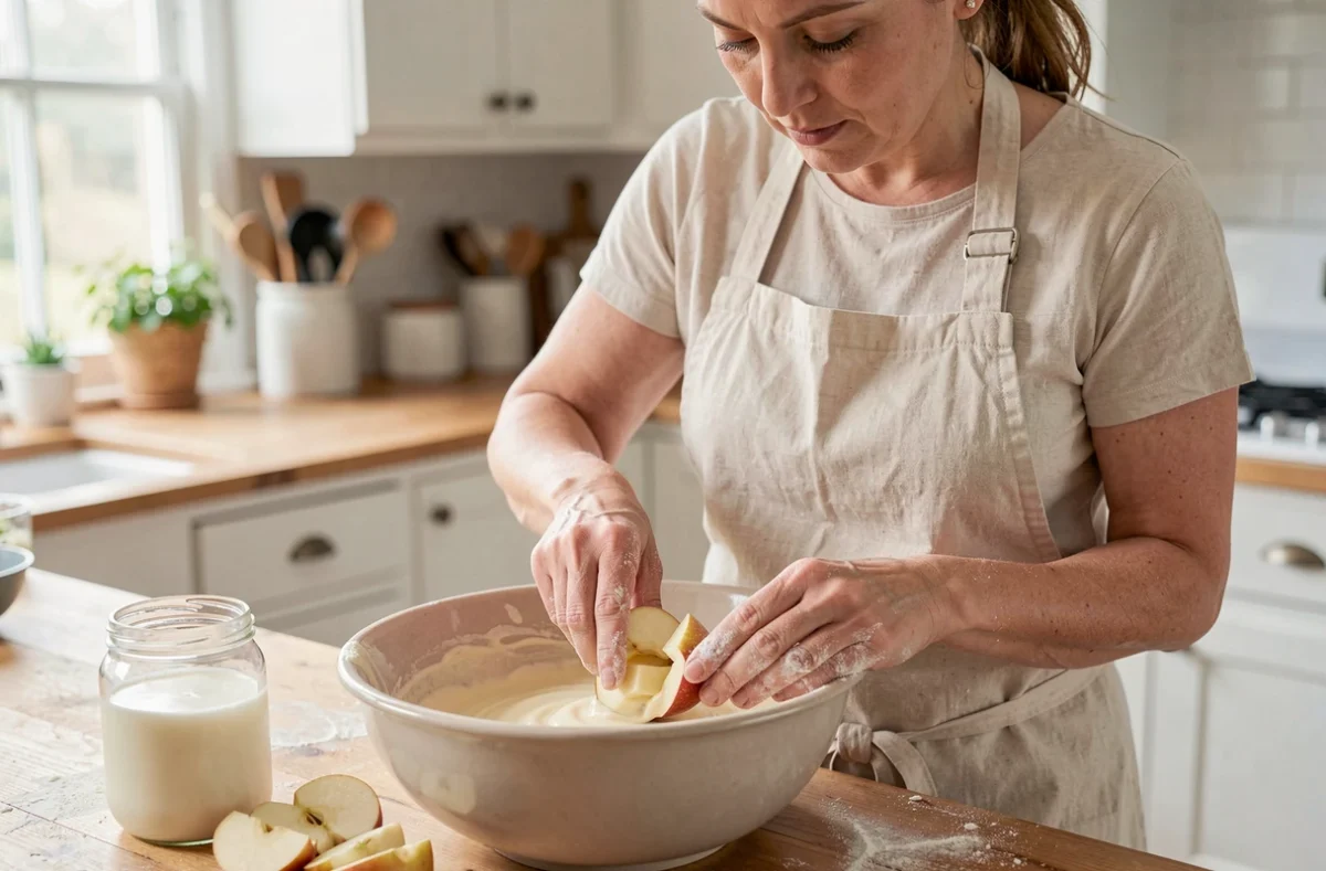 Femme préparant la pâte d'un gâteau au yaourt aux pommes dans un grand bol en céramique dans une cuisine campagnarde