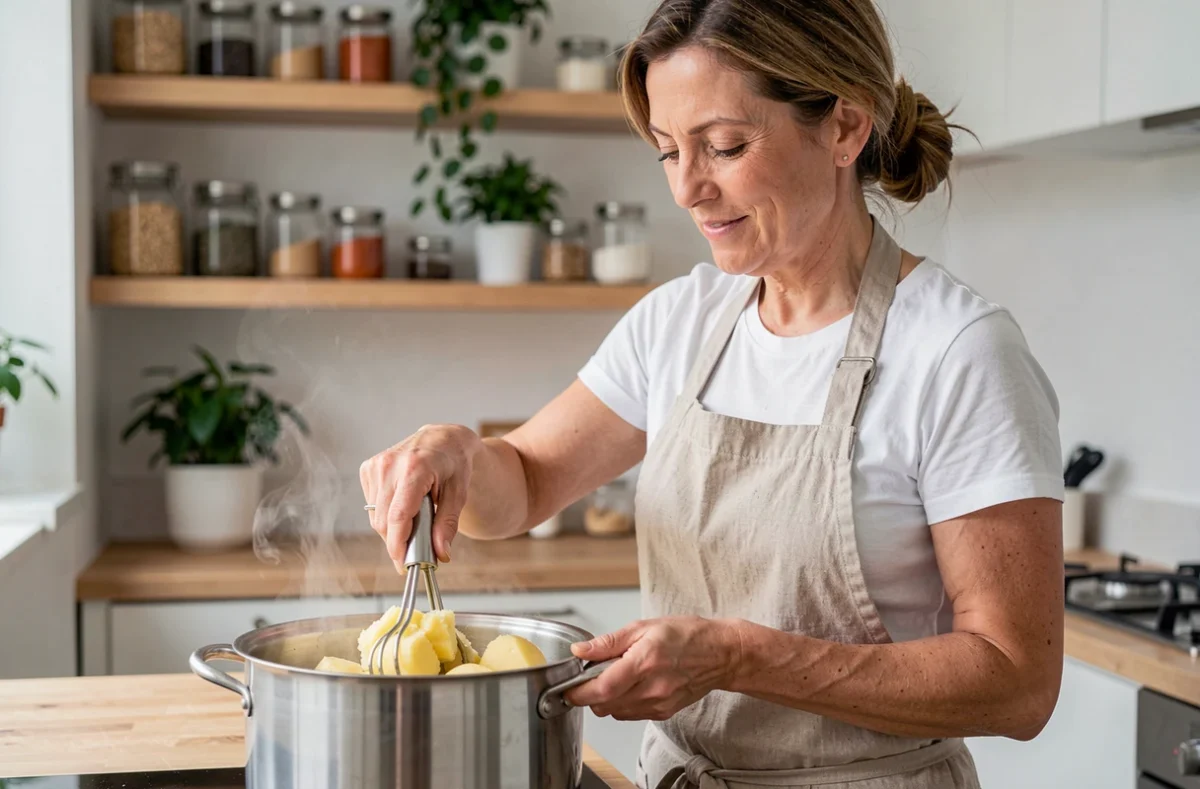 Femme préparant des pommes de terre écrasées maison avec un écrase-purée dans une cuisine moderne