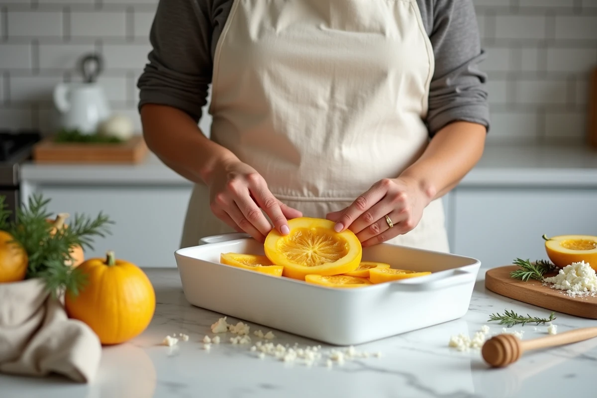 Femme préparant une recette de courge longue de Nice avec du chèvre et du miel dans une cuisine provençale