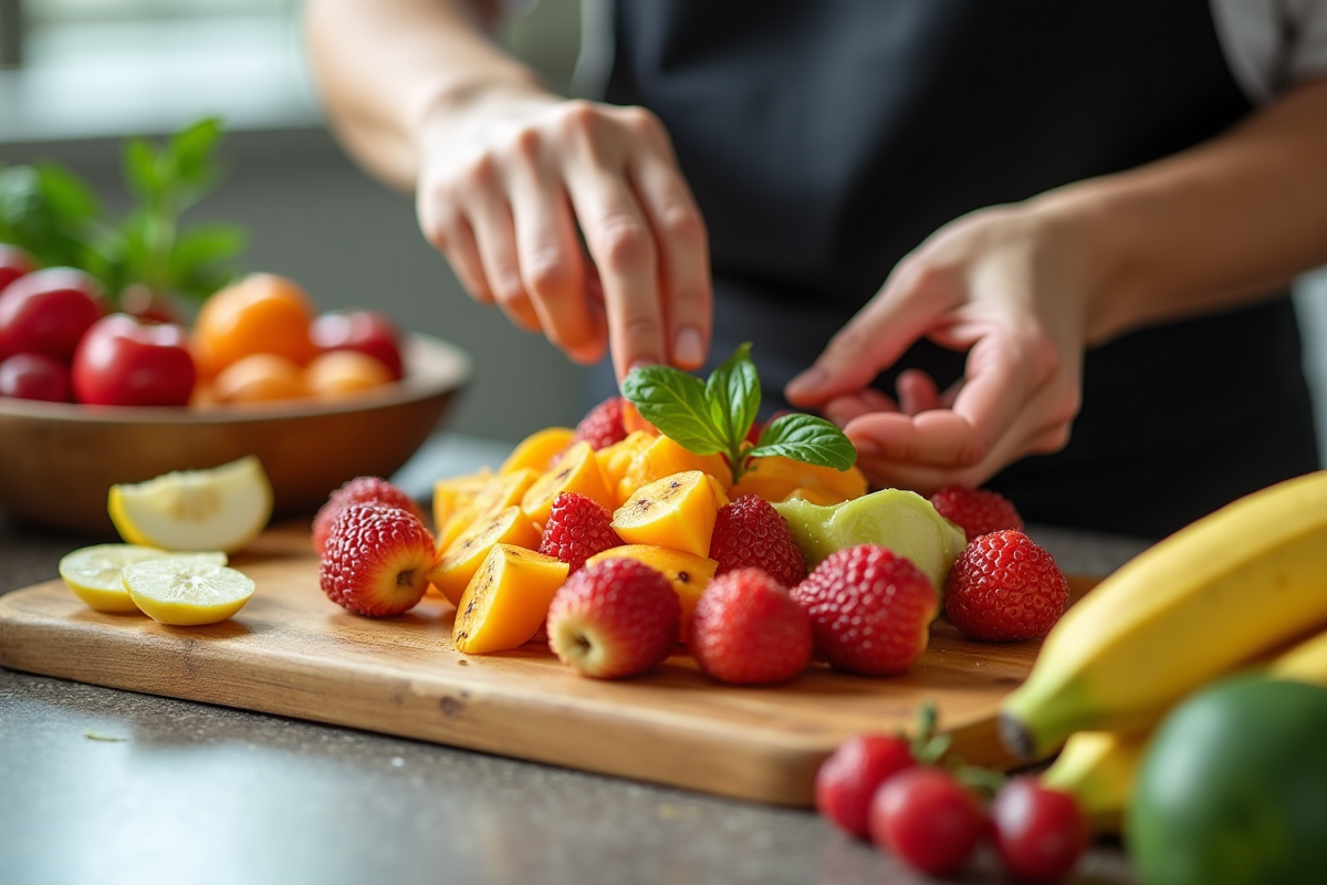 Chef préparant une salade de fruits aux Enamed sur un plan rapproché