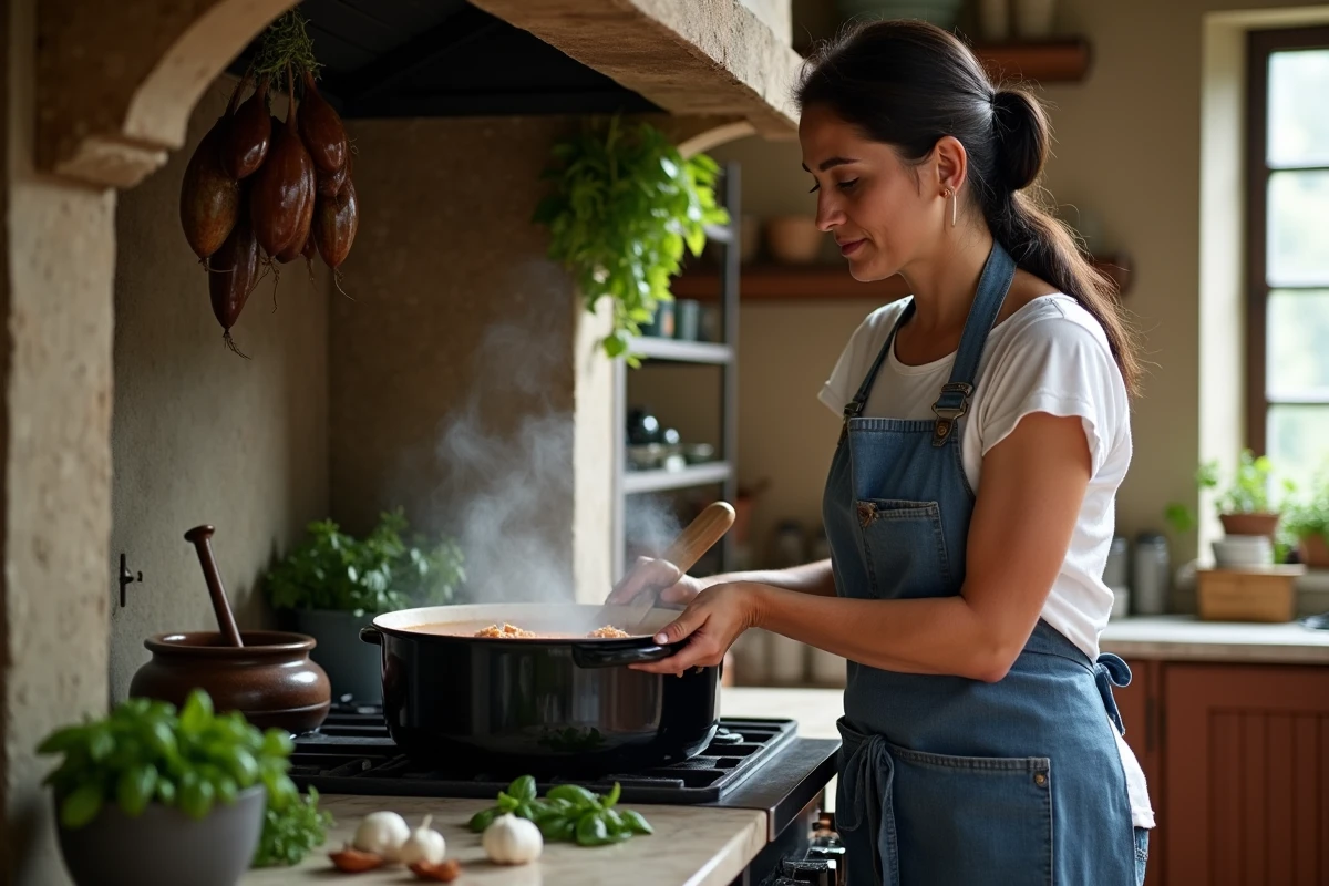 Cuisinière provençale préparant une soupe au pistou dans une cocotte en fonte émaillée dans une cuisine rustique aux carreaux en terre cuite