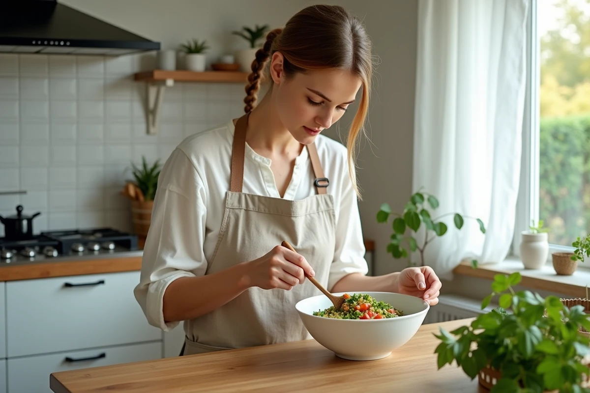 Femme préparant un tabbouleh frais dans une cuisine moderne pour accompagner un barbecue estival léger
