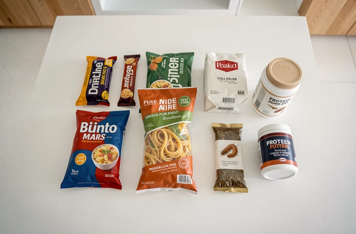 Assortiment de produits alimentaires emballés sur une table de cuisine dont un avec un label insecte visible
