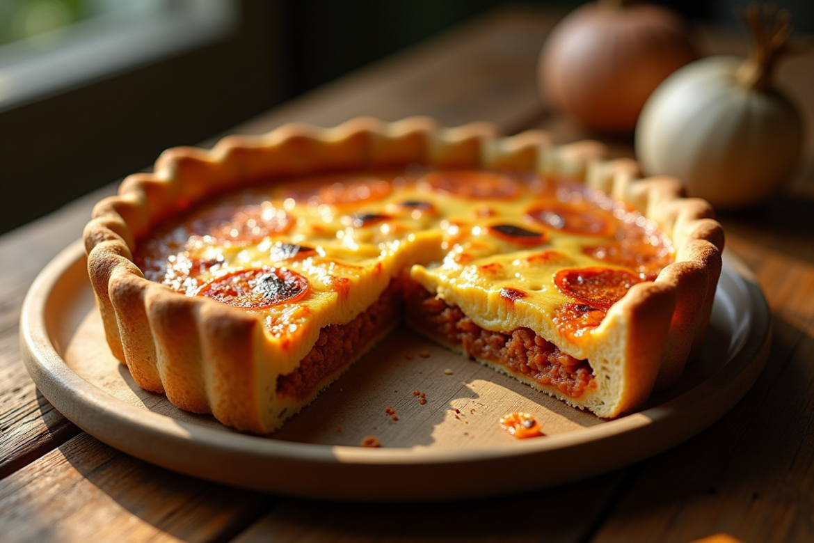 Quiche au chorizo tranchée sur une table en bois