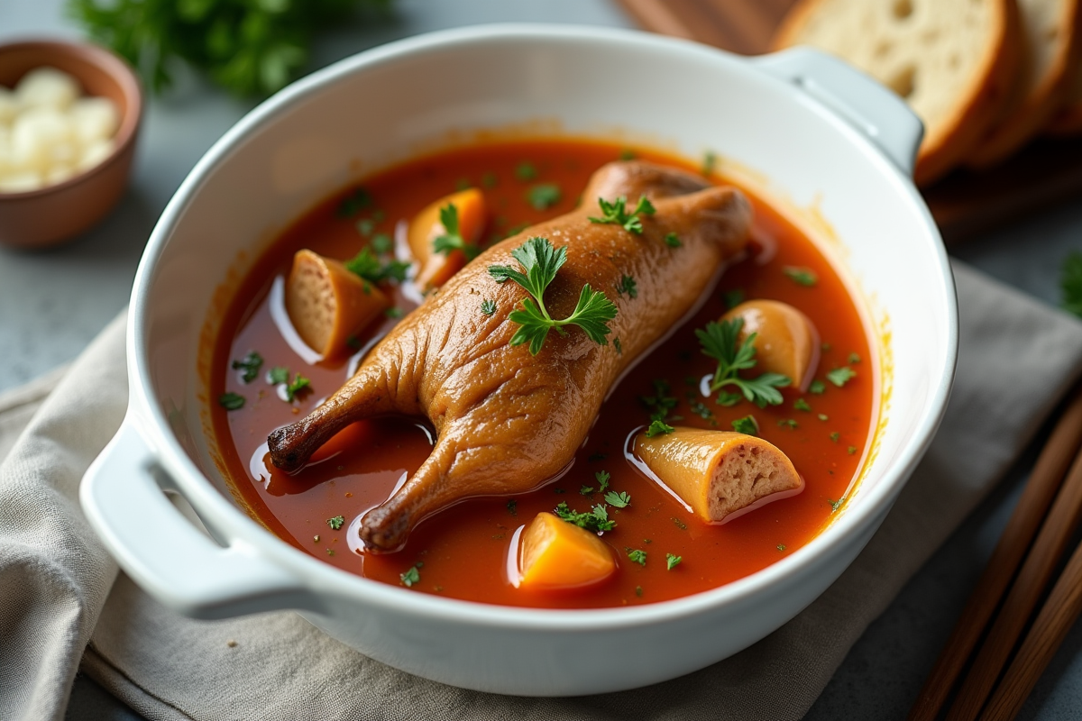 Ragoût de lapin en sauce dans un bol blanc avec pain