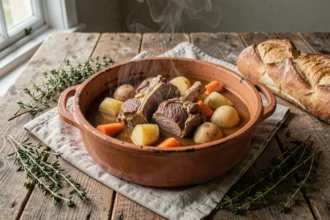 Ragoût d'agneau à l'ancienne dans une cocotte en terre cuite sur une table en bois rustique avec légumes racines et thym frais