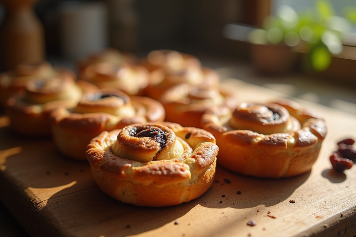 Gros plan sur des roulés aux raisins fraîchement cuits sur une table en bois