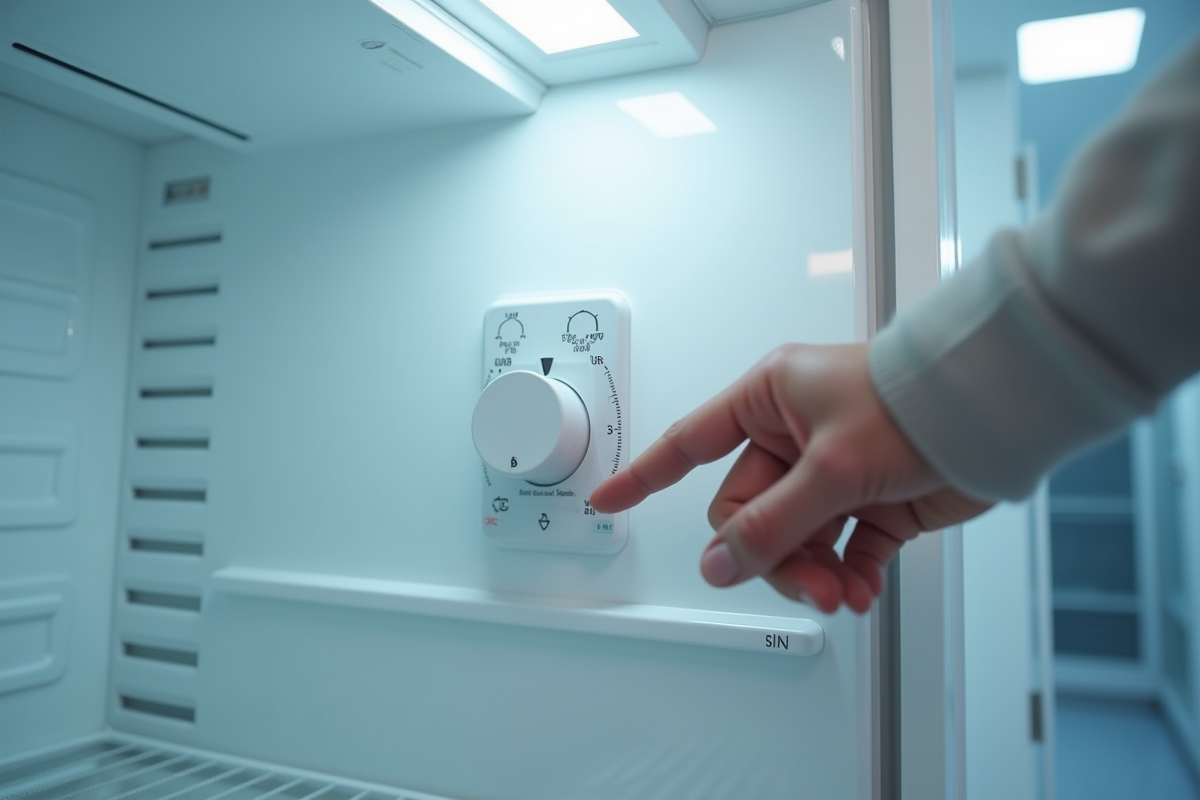 Main ajustant le thermostat dans un congélateur propre