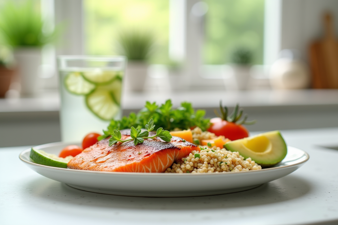 Repas équilibré avec saumon quinoa et légumes frais