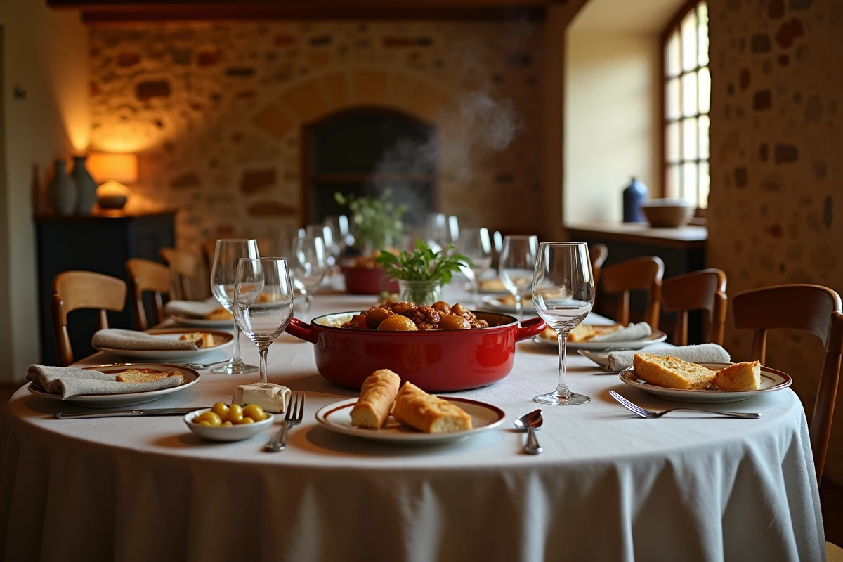 Table de repas familial avec un grand cassoulet toulousain fumant au centre, entouré de verres de vin rouge, de pain et d'accessoires de table rustiques