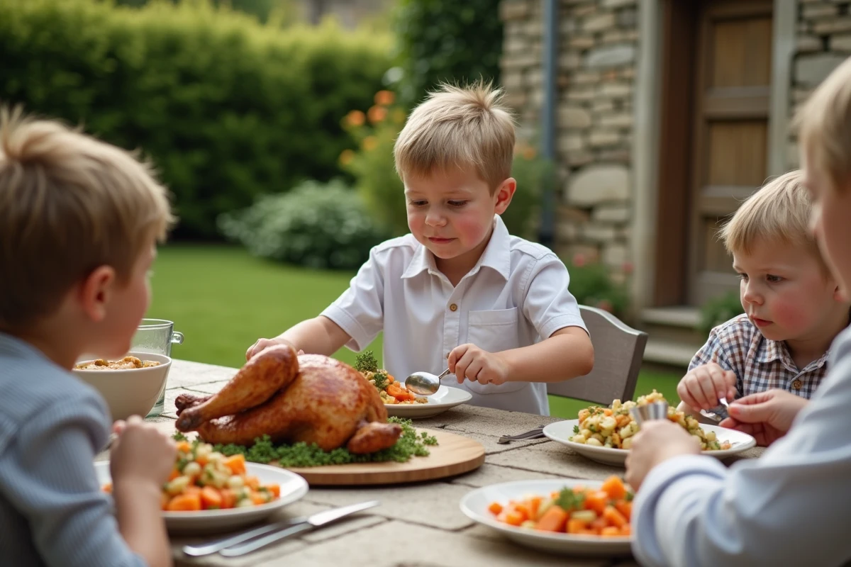 Famille partageant un repas en plein air avec salade de carottes et poulet