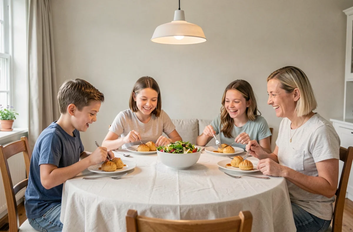 Repas en famille autour de bouchées à la reine sans alcool adaptées aux enfants sur une table familiale conviviale