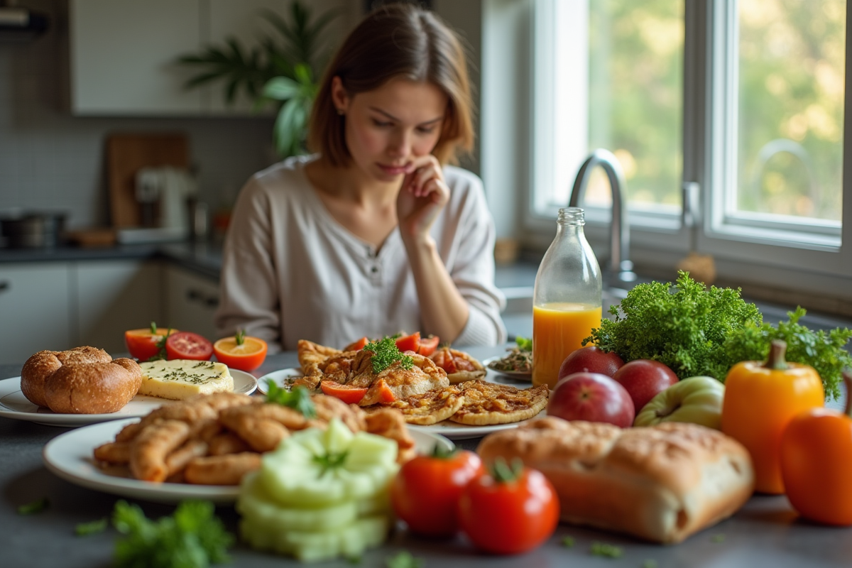 Repas sain et coloré sur le comptoir avec personne pensif