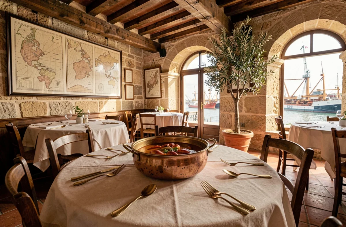 Intérieur chaleureux et maritime du restaurant L'Armateur avec une bisque de homard servie dans une cocotte en cuivre